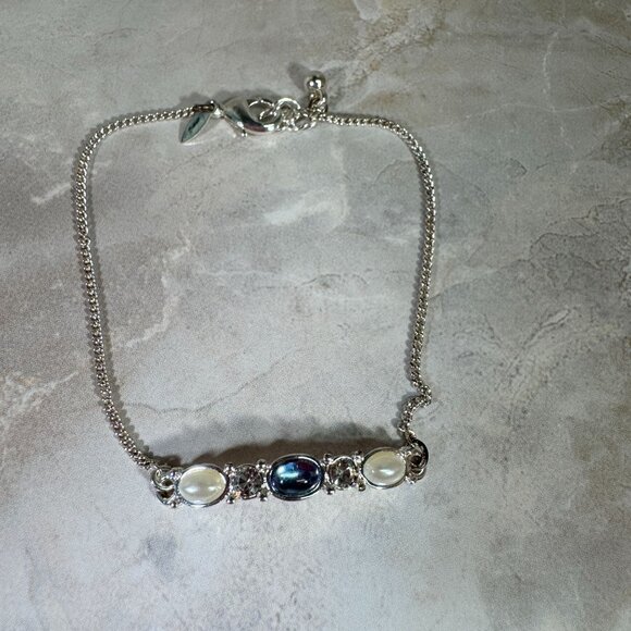 Elegant Silver-Plated Bracelet Blue Beads & Faux Pearl Signed SHA - Picture 1 of 6
